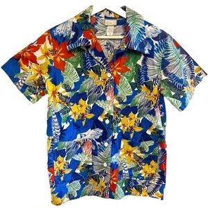 vintage retro Hawaiian tropical print shirt button down cotton shirt M